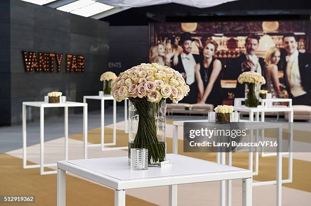 Centerpiece and cocktail tables displayed at the 2016 Vanity Fair Oscar Dinner Hosted By Graydon Carter at Wallis Annenberg Center for the Performing...