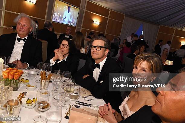 Editor of Vanity Fair Graydon Carter, writer Fran Lebowitz, actor Colin Firth, and Anna Scott attend the 2016 Vanity Fair Oscar Dinner Hosted By...