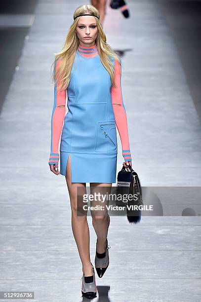 Model walks the runway at the Versace fashion show during Milan Fashion Week Fall/Winter 2016/2017 on February 26, 2016 in Milan, Italy.