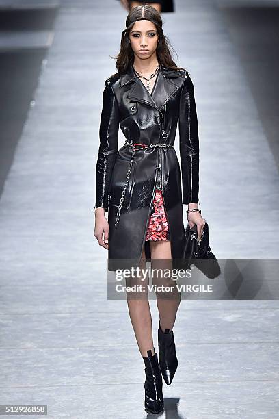 Model walks the runway at the Versace fashion show during Milan Fashion Week Fall/Winter 2016/2017 on February 26, 2016 in Milan, Italy.