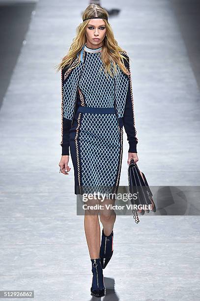 Model walks the runway at the Versace fashion show during Milan Fashion Week Fall/Winter 2016/2017 on February 26, 2016 in Milan, Italy.