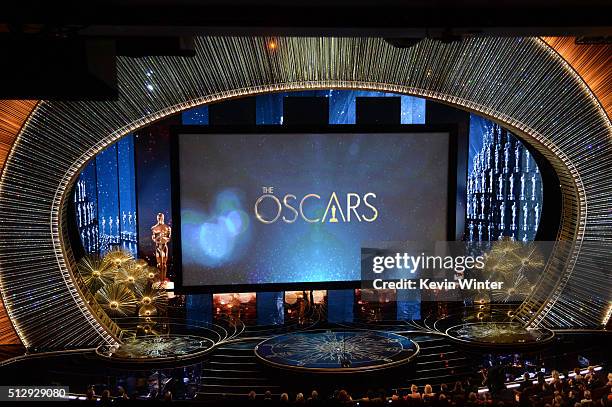 View of the stage during the 88th Annual Academy Awards at the Dolby Theatre on February 28, 2016 in Hollywood, California.