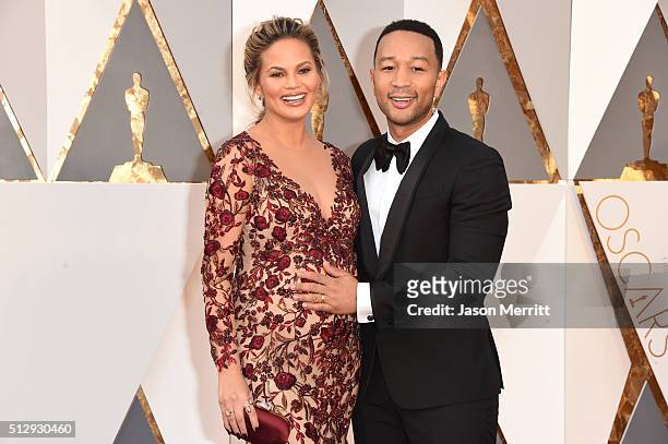 Model Chrissy Teigen and recording artist John Legend attend the 88th Annual Academy Awards at Hollywood & Highland Center on February 28, 2016 in...