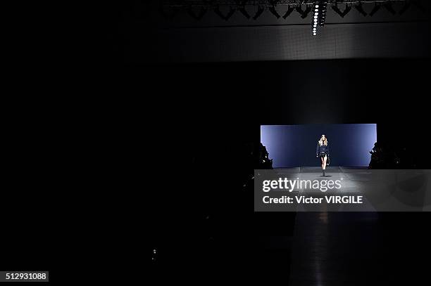 Model walks the runway at the Versace fashion show during Milan Fashion Week Fall/Winter 2016/2017 on February 26, 2016 in Milan, Italy.