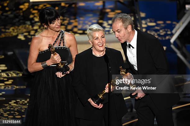 Elka Wardega, Lesley Vanderwalt and Damian Martin accept the Best Makeup and Hairstyling award for 'Mad Max: Fury Road' onstage during the 88th...