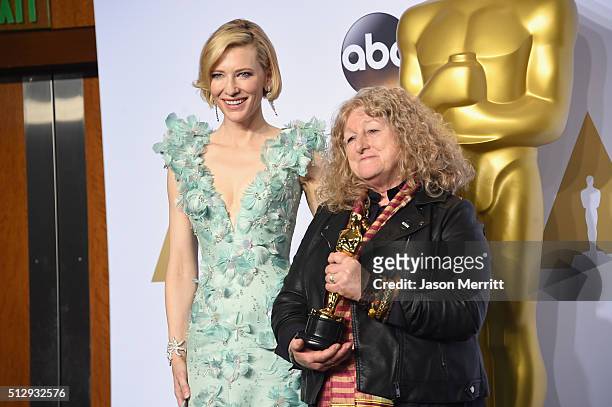 Actress Cate Blanchett and costume designer Jenny Beavan, winner of Best Costume Design for 'Mad Max,' pose in the press room during the 88th Annual...