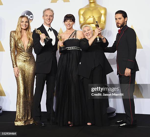 Actress Margot Robbie, makeup artists Damian Martin, Elka Wardega, Lesley Vanderwalt, winners of Best Makeup for 'Mad Max,' and actor Jared Leto pose...