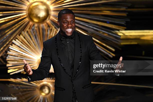 Actor Kevin Hart speaks onstage during the 88th Annual Academy Awards at the Dolby Theatre on February 28, 2016 in Hollywood, California.