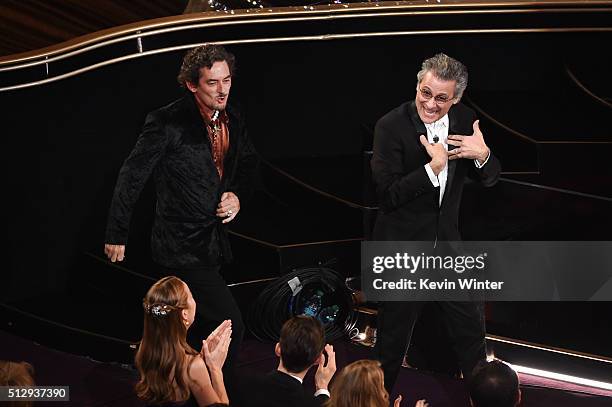 Mark A. Mangini and David White accept the Best Sound Editing award for 'Mad Max: Fury Road' onstage during the 88th Annual Academy Awards at the...