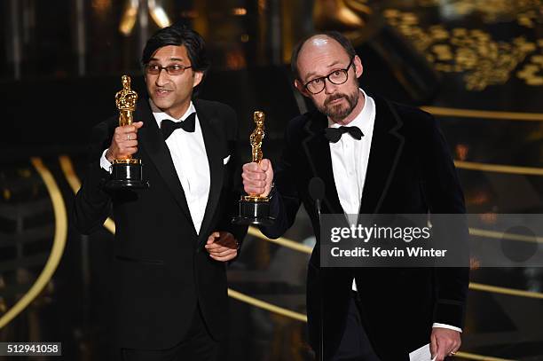 Filmmakers Asif Kapadia and James Gay-Rees accept the Best Documentary Feature award for 'Amy' onstage during the 88th Annual Academy Awards at the...