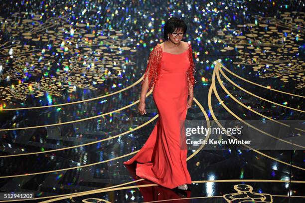 Academy of Motion Picture Arts and Sciences President Cheryl Boone Isaacs speaks onstage during the 88th Annual Academy Awards at the Dolby Theatre...