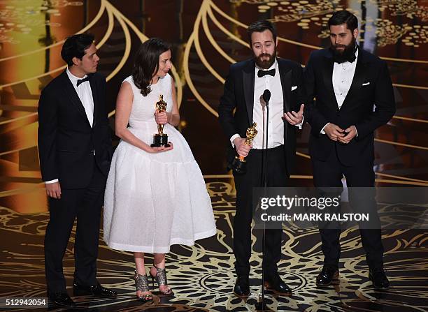 Benjamin Cleary and Serena Armitage and crew accept their award for Best Short Film, Live Action, Stutterer on stage at the 88th Oscars on February...