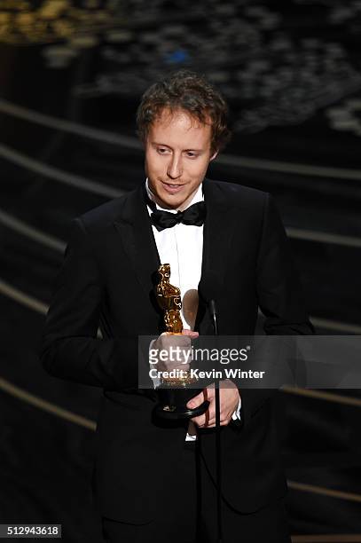 Director Laszlo Nemes accepts the Best Foreign Language Film award for 'Son of Saul' onstage during the 88th Annual Academy Awards at the Dolby...