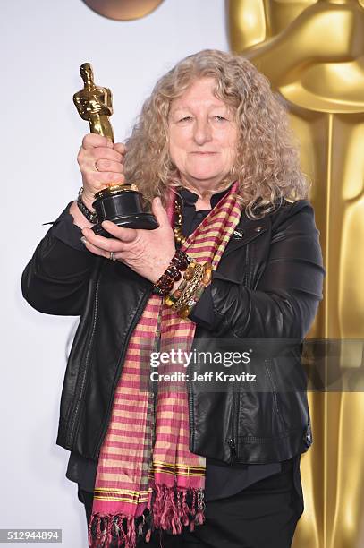 Costume designer Jenny Beavan, winner of the Best Costume Design award for "Mad Max: Fury Road," poses in the press room during the 88th Annual...