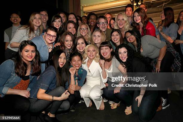 Recording artist Lady Gaga with sexual assault survivors backstage at the 88th Annual Academy Awards at Dolby Theatre on February 28, 2016 in...