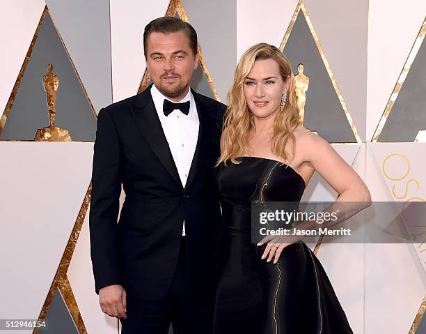 Actors Leonardo DiCaprio and Kate Winslet attend the 88th Annual Academy Awards at Hollywood & Highland Center on February 28, 2016 in Hollywood,...