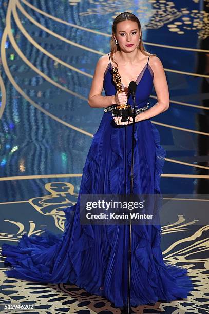 Actress Brie Larson accepts the Best Actress award for 'Room' during the 88th Annual Academy Awards at the Dolby Theatre on February 28, 2016 in...