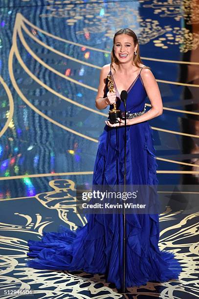 Actress Brie Larson accepts the Best Actress award for 'Room' during the 88th Annual Academy Awards at the Dolby Theatre on February 28, 2016 in...