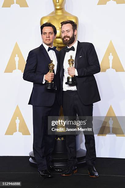 Shan Christopher Ogilvie and Benjamin Cleary, winners of Best Live Action Short Film for 'Stutterer,' pose in the press room during the 88th Annual...