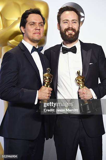 Shan Christopher Ogilvie and Benjamin Cleary, winners of Best Live Action Short Film for 'Stutterer,' pose in the press room during the 88th Annual...