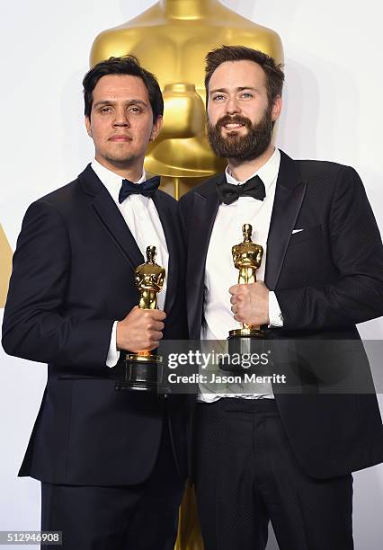 Shan Christopher Ogilvie and Benjamin Cleary, winners of Best Live Action Short Film for 'Stutterer,' pose in the press room during the 88th Annual...