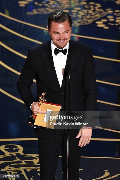 Actor Leonardo DiCaprio accepts the Best Actor award for 'The Revenant' onstage during the 88th Annual Academy Awards at the Dolby Theatre on...