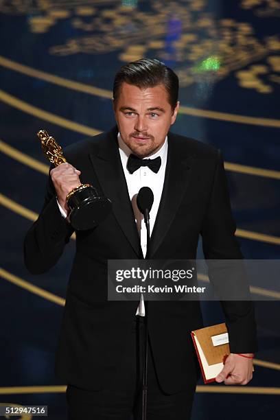 Actor Leonardo DiCaprio accepts the Best Actor award for 'The Revenant' onstage during the 88th Annual Academy Awards at the Dolby Theatre on...