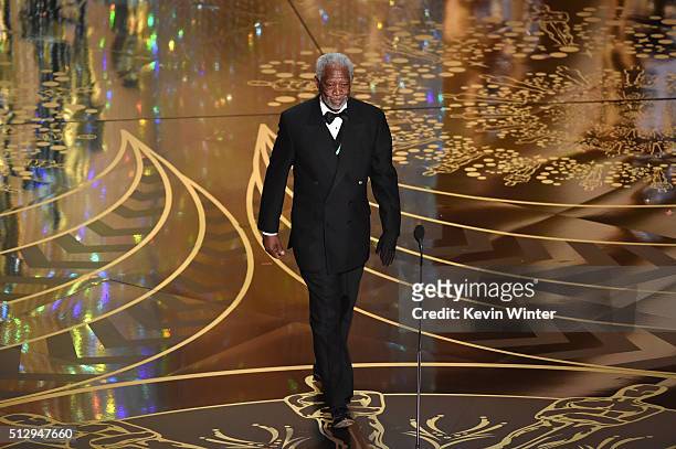 Actor Morgan Freeman speaks onstage during the 88th Annual Academy Awards at the Dolby Theatre on February 28, 2016 in Hollywood, California.
