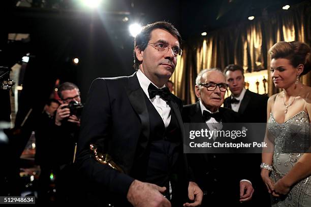 Composer Ennio Morricone winner of the Best Original Score award for ''The Hateful Eight' backstage at the 88th Annual Academy Awards at Dolby...