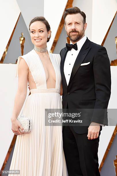 Actors Olivia Wilde and Jason Sudeikis attend the 88th Annual Academy Awards at Hollywood & Highland Center on February 28, 2016 in Hollywood,...