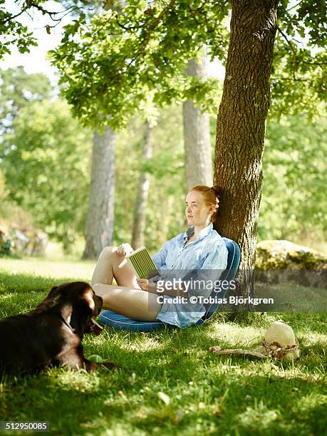redheaded girl reading with dog - auburn oaks stock pictures, royalty-free photos & images