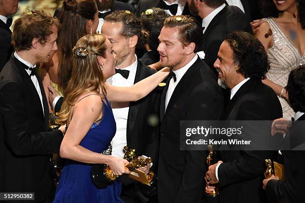 Director Laszlo Nemes, winner of Best Foreign Language Film for 'Son of Saul,' cinematographer Emmanuel Lubezki, winner of Best Cinematography for...