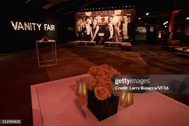 Vanity Fair signage is displayed inside the party venue at the 2016 Vanity Fair Oscar Dinner Hosted By Graydon Carter at Wallis Annenberg Center for...