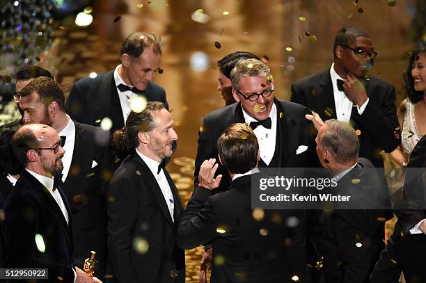 Oscar winners including actor Mark Rylance, cinematographer Emmanuel Lubezki, and writer-director Adam McKay celebrate onstage during the 88th Annual...