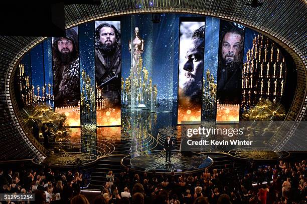Actor Leonardo DiCaprio accepts the Best Actor award for 'The Revenant' onstage during the 88th Annual Academy Awards at the Dolby Theatre on...