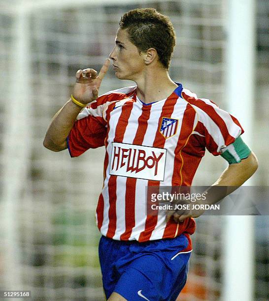 Atletico Madrid's Fernando Torres celebrates his goal during a league match in Carlos Belmonte Stadium in Albacete 12 September 2004. Atelico Madrid...