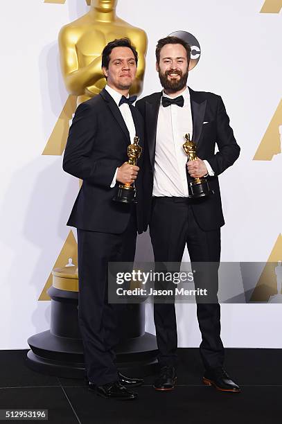 Shan Christopher Ogilvie and Benjamin Cleary, winners of Best Live Action Short Film for 'Stutterer,' pose in the press room during the 88th Annual...