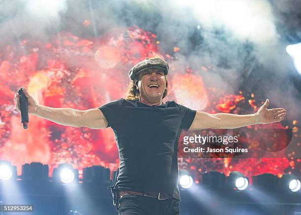 Singer Brian Johnson of AC/DC performs at Sprint Center on February 28, 2016 in Kansas City, Missouri.