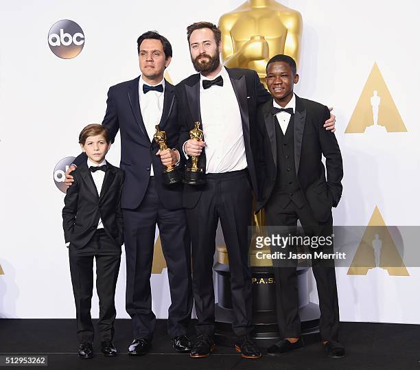 Actor Jacob Tremblay, Shan Christopher Ogilvie, Benjamin Cleary, winners of Best Live Action Short Film for 'Stutterer,' and actor Abraham Attah pose...