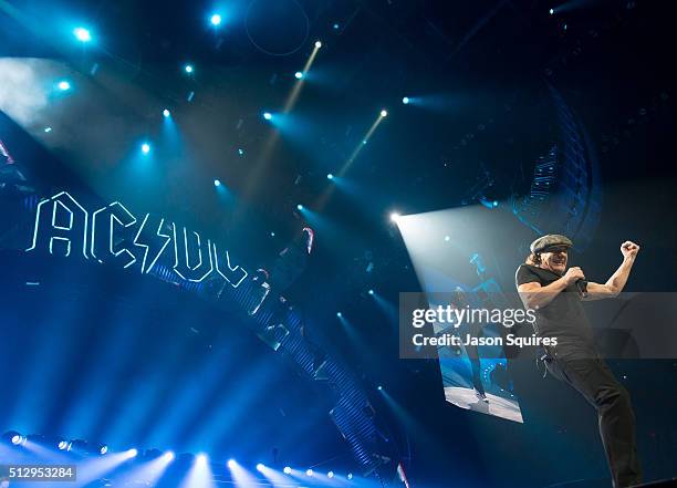 Singer Brian Johnson of AC/DC performs at Sprint Center on February 28, 2016 in Kansas City, Missouri.