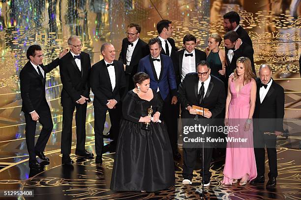 Cast and crew of 'Spotlight,' including actors Brian d'Arcy James, Michael Keaton, writer-director Tom McCarthy, actor Mark Ruffalo, producers Nicole...