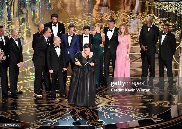 Cast and crew of 'Spotlight,' including actors Brian d'Arcy James, Michael Keaton, writer-director Tom McCarthy, actor Mark Ruffalo, producers Nicole...