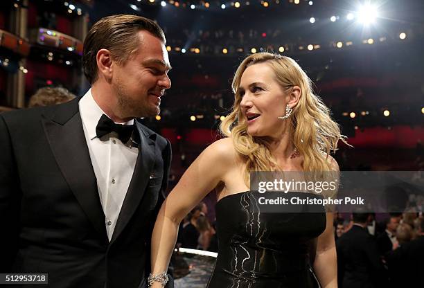 Actor Leonardo DiCaprio and Kate Winslet attend the 88th Annual Academy Awards at Dolby Theatre on February 28, 2016 in Hollywood, California.