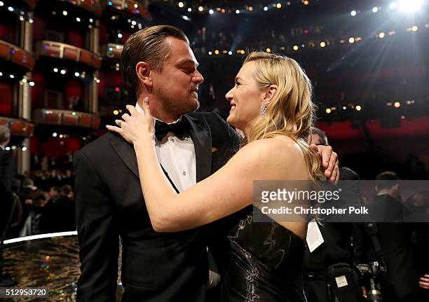Actor Leonardo DiCaprio and Kate Winslet attend the 88th Annual Academy Awards at Dolby Theatre on February 28, 2016 in Hollywood, California.