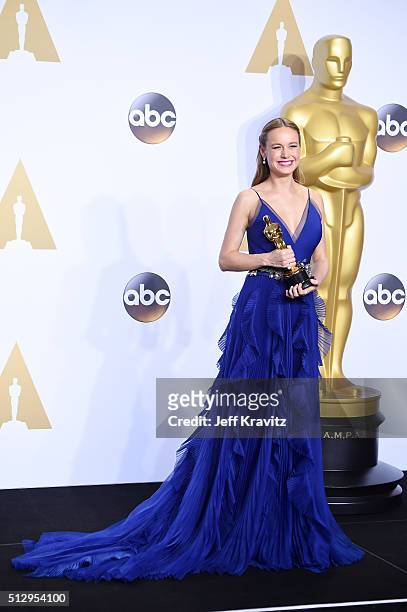 Actress Brie Larson, winner of the Best Actress in a Leading Role award for 'Room,' poses in the press room during the 88th Annual Academy Awards at...