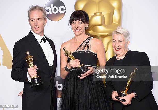 Makeup artists Damian Martin, Elka Wardega, and Lesley Vanderwalt, winners of Best Makeup for 'Mad Max,' pose in the press room during the 88th...