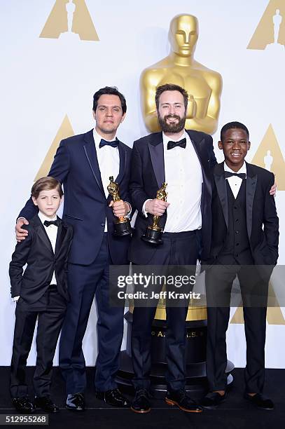 Actor Jacob Tremblay, Shan Christopher Ogilvie and Benjamin Cleary, winners of Best Live Action Short Film for 'Stutterer,' and actor Abraham Attah...