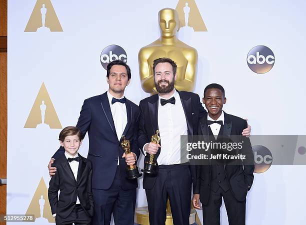 Actor Jacob Tremblay, Shan Christopher Ogilvie and Benjamin Cleary, winners of Best Live Action Short Film for 'Stutterer,' and actor Abraham Attah...