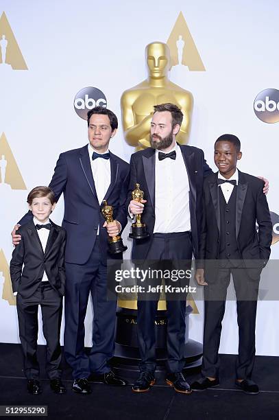 Actor Jacob Tremblay, Shan Christopher Ogilvie and Benjamin Cleary, winners of Best Live Action Short Film for 'Stutterer,' and actor Abraham Attah...