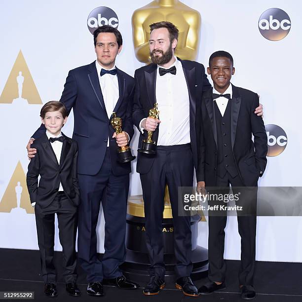 Actor Jacob Tremblay, Shan Christopher Ogilvie and Benjamin Cleary, winners of Best Live Action Short Film for 'Stutterer,' and actor Abraham Attah...
